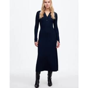 NWT Madewell Ribbed Long Sleeve Sweater Midi Dress in Navy NT573 Size L